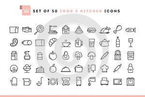 Set of 50 food and kitchen icons, thin line style