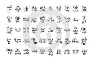 set of 50 hand lettering inscription about coffee time, calligraphy vector illustration
