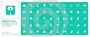 Set of 50 Minimal Thin Line Medical Icons on Color Background . Isolated Vector Elements
