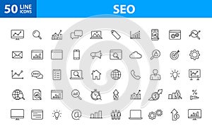 Set of 50 SEO and Development web icons in line style. Contact, Target, Website. Vector illustration