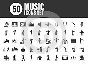 Set of 50 Solid Music Icons on White Background