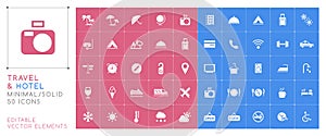 Set of 50 Universal Travel and Hotel Icons on Color Background . Isolated Elements