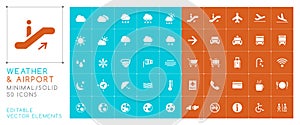 Set of 50 Universal Weather and Airport Icons on Color Background . Isolated Elements