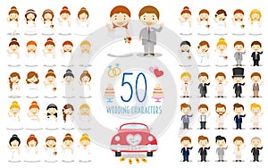 Set of 50 wedding characters and nuptial icons in cartoon style