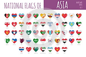 Set of 51 heart shaped flags of the countries of Asia