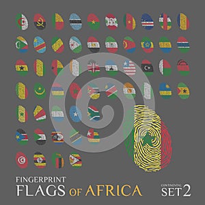 Set of 54 fingerprints colored with the national flags of the countries of Africa