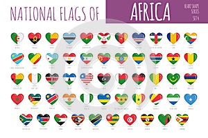 Set of 54 heart shaped flags of the countries of Africa