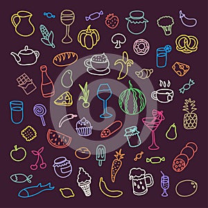 Set of 55 icons on the theme of food, different dishes and cuisines