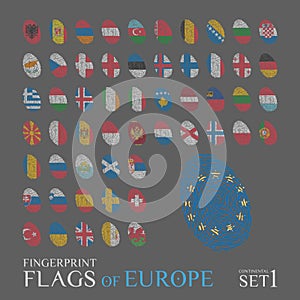 Set of 56 fingerprints colored with the national flags of the countries of Europe