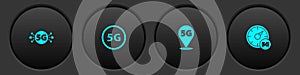 Set 5G network, , Location and Digital speed meter icon. Vector