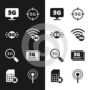 Set 5G network, Location, Search, Antenna and Sim card rejected icon. Vector