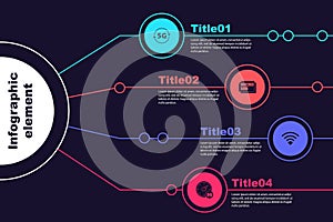 Set 5G network, Micro Sim Card, Wi-Fi wireless and Digital speed meter. Business infographic template. Vector