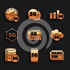 Set 5G network, Mobile with, Nano Sim Card, Cloud, Server, and Digital speed meter icon. Vector