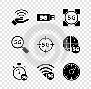 Set 5G network, modem, Digital speed meter, Search and icon. Vector