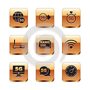 Set 5G network, Monitor with, Nano Sim Card, Router and wi-fi signal, Digital speed meter, and icon. Vector