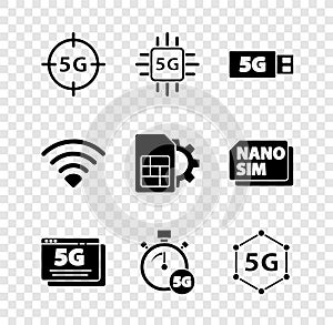 Set 5G network, Processor, modem, Digital speed meter, Wi-Fi wireless and Sim card setting icon. Vector