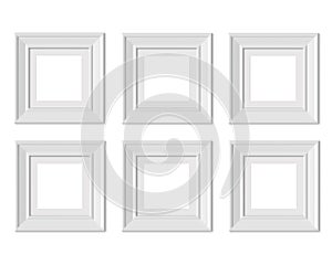 Set 6 1x1 Square picture frame mockup. Framing mat with wide borders. Realisitc paper, wooden or plastic white blank. Isolated
