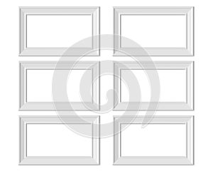 Set 6 1x2 Horizontal Landscape picture frame mockup. Realisitc paper, wooden or plastic white blank for photographs. Isolated