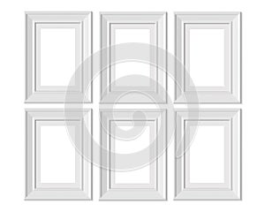Set 6 2x3 A4 Vertical Portrait picture frame mockup. Framing mat with wide borders. Realisitc paper, wooden or plastic white blank