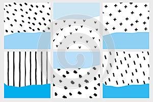 Set of 6 Abstract Geometric Illustrations.Black Hand Drawn Brushed Dots, Stripes, Lines .