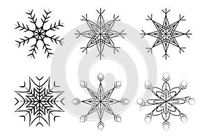 Set of 6 abstract patterned snowflakes. Design elements for Christmas or New Year greeting and cards