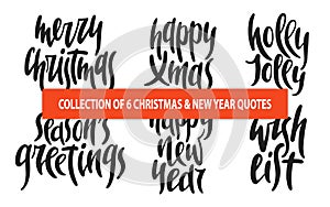 Set of 6 Christmas and New Year vector hand drawn unique typography design elements for posters, greeting cards, decoration, print