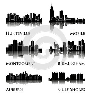 Set of 6 city silhouette in Alabama ( Huntsville, Gulf Shores, Montgomery, Birmingham, Auburn, Mobile )