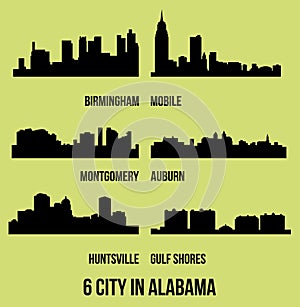 Set of 6 city silhouette in Alabama ( Huntsville, Gulf Shores, Montgomery, Birmingham, Auburn, Mobile )