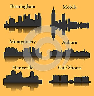 Set of 6 city silhouette in Alabama ( Huntsville, Gulf Shores, Montgomery, Birmingham, Auburn, Mobile )