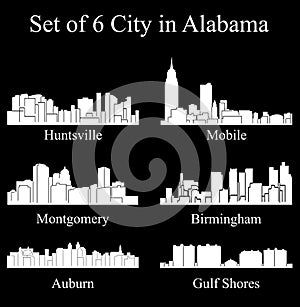 Set of 6 city silhouette in Alabama ( Huntsville, Gulf Shores, Montgomery, Birmingham, Auburn, Mobile )