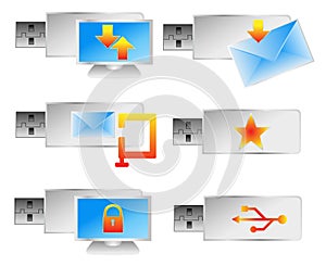 A set of 6 computer usb flash drive vector icons.