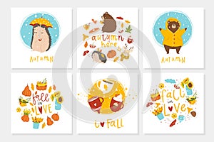 Set of 6 cute autumn postcards with animals