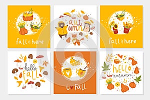 Set of 6 cute autumn postcards with animals