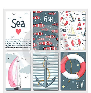 Set of 6 cute cards templates with marine design.