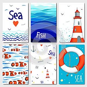 Set of 6 cute cards templates with marine design.