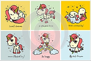 Set of 6 cute doodle magic unicorns for kid's greeting card design, t-shirt print, poster.