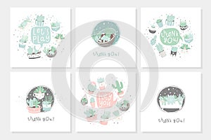 Set of 6 cute ready-to-use gift romantic postcards with succulents.