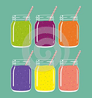 Set of 6 different fresh fruit and berry smoothies in mason jars with straw. Vector hand drawn illustration.