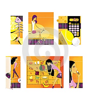 Set of 6 illustrations on the theme of diet and weight loss. Lemon and the skeleton of the fish. A thin long-legged brunette