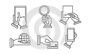 Set of 6 linear business icons. Human hands holding different items. Modern vector illustrations