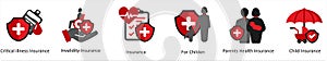 A set of 6 medical icons as critical illness insurance, invalidity insurance, insurance