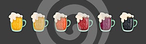 Set of 6 mugs of different types of beer - Vector