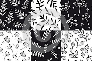 Set of 6 Seamless patterns with hand drawn outline plants