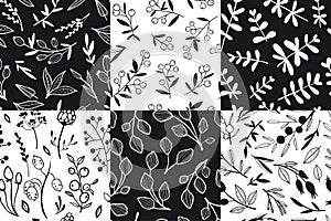 Set of 6 Seamless patterns with hand drawn outline plants