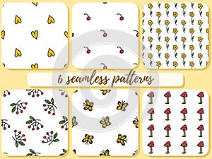 Set of 6 seamless patterns. Yellow hearts, flowers and butterflies.