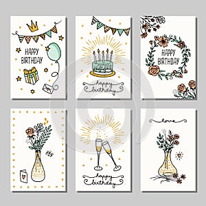 Set of 6 small hand drawn birthday cards