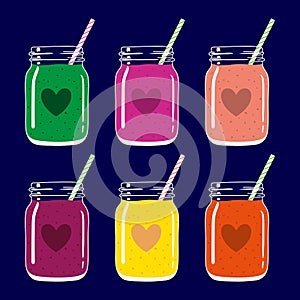 Set of 6 smoothies in mason jars with straws and heart shapes. Romantic smoothie collection. Vector hand drawn illustration.