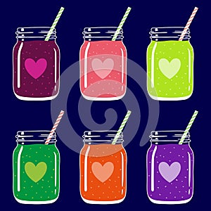 Set of 6 smoothies in mason jars with straws and heart shapes. Romantic smoothie collection. Vector hand drawn illustration.