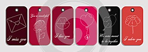 A set of 6 stickers with a love theme. Red and black colors.