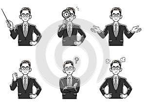 Set of 6 upper body of businessmen wearing glasses 2 grayscale